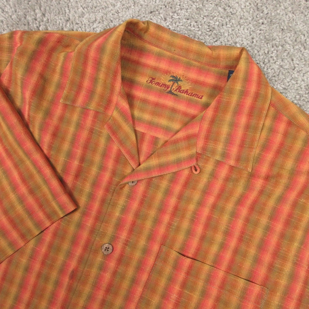 Tommy Bahama Shirt Men Medium Orange Plaid Silk Camp Loop Collar Aloha Button Up